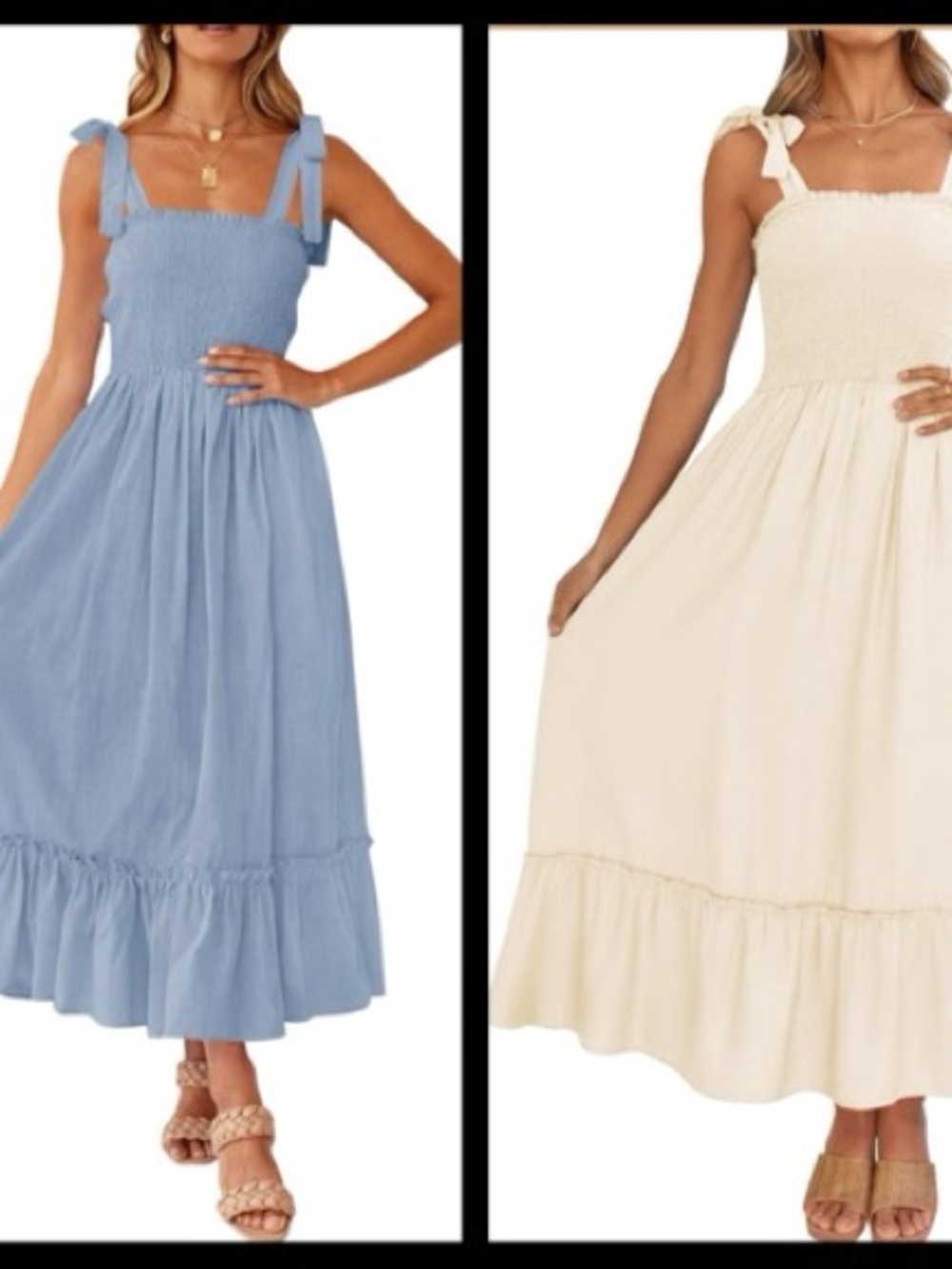 Women’s Light Blue & Cream Smocked Midi Boho Dress Shoulder Ties Beach LOT of 2